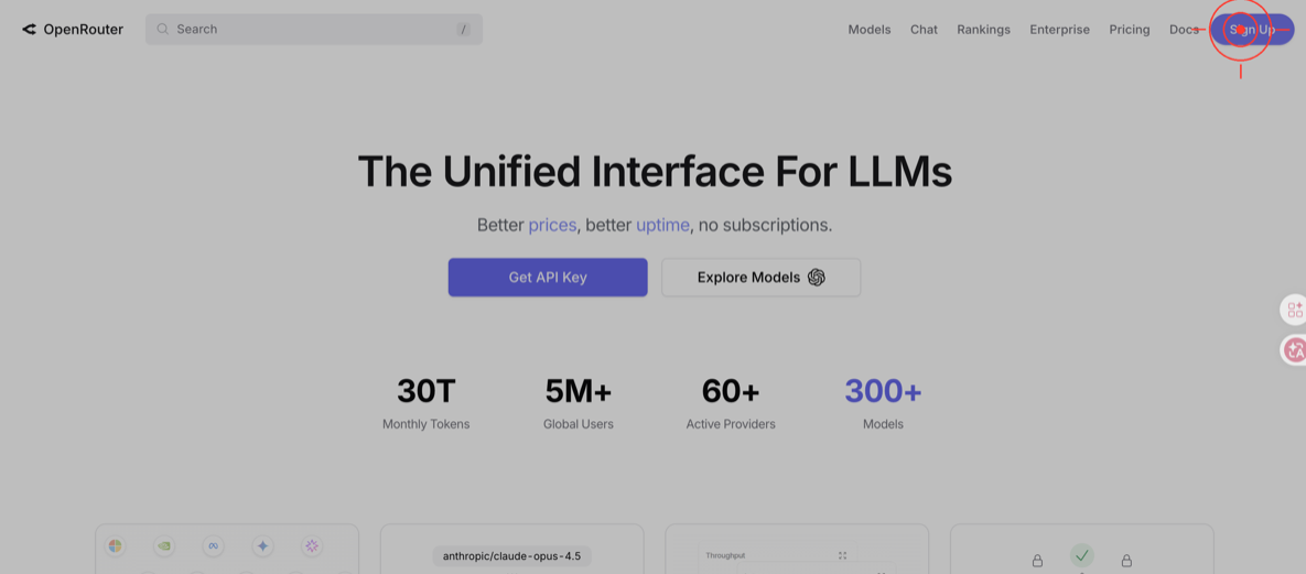 OpenRouter 註冊頁面