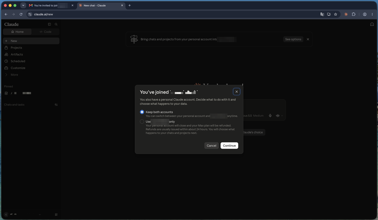 The "You've joined" dialog: Keep both accounts, or use the team account only
