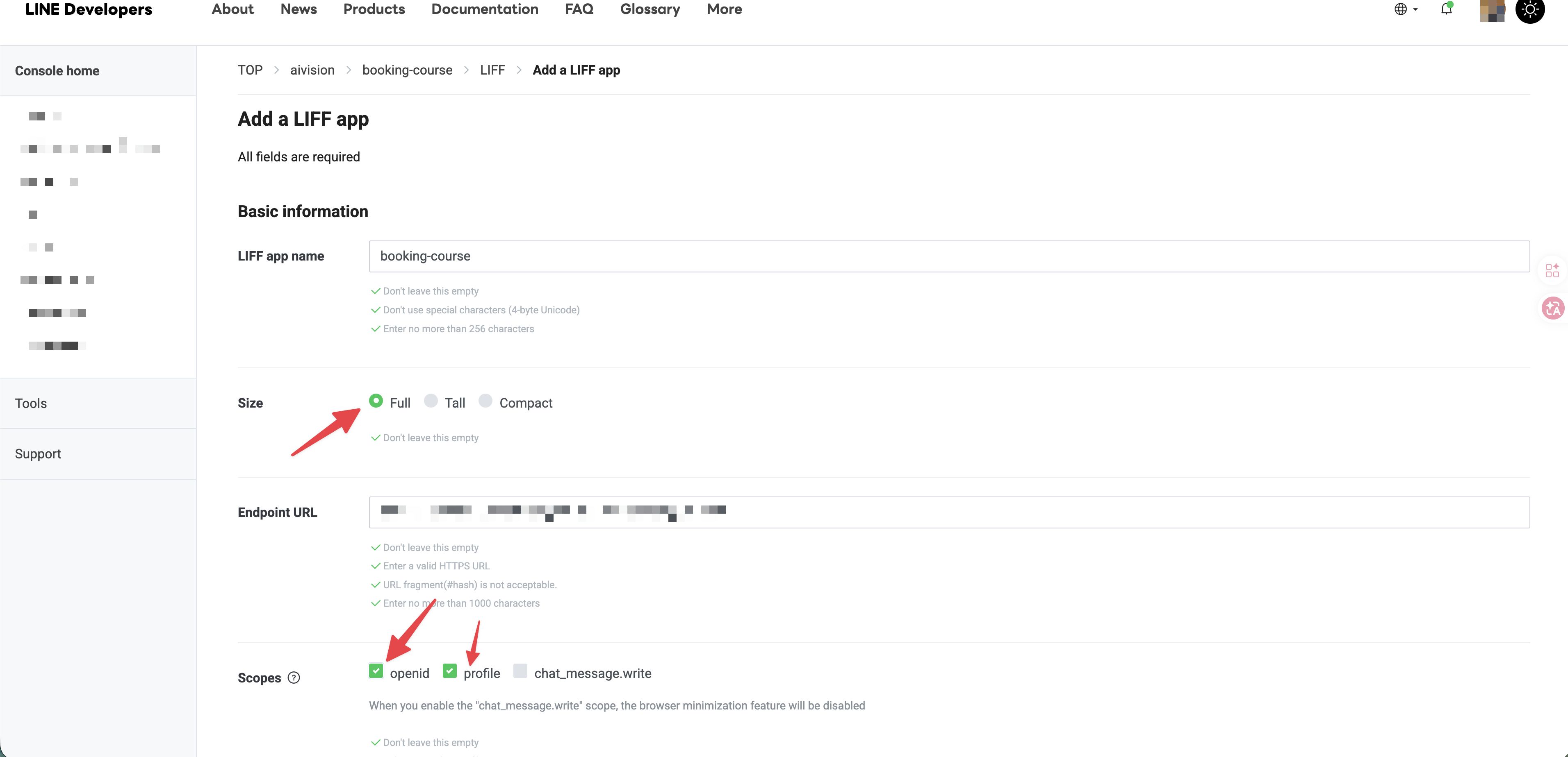 Add a LIFF app 表單，Size 選 Full、Scopes 勾選 openid 與 profile