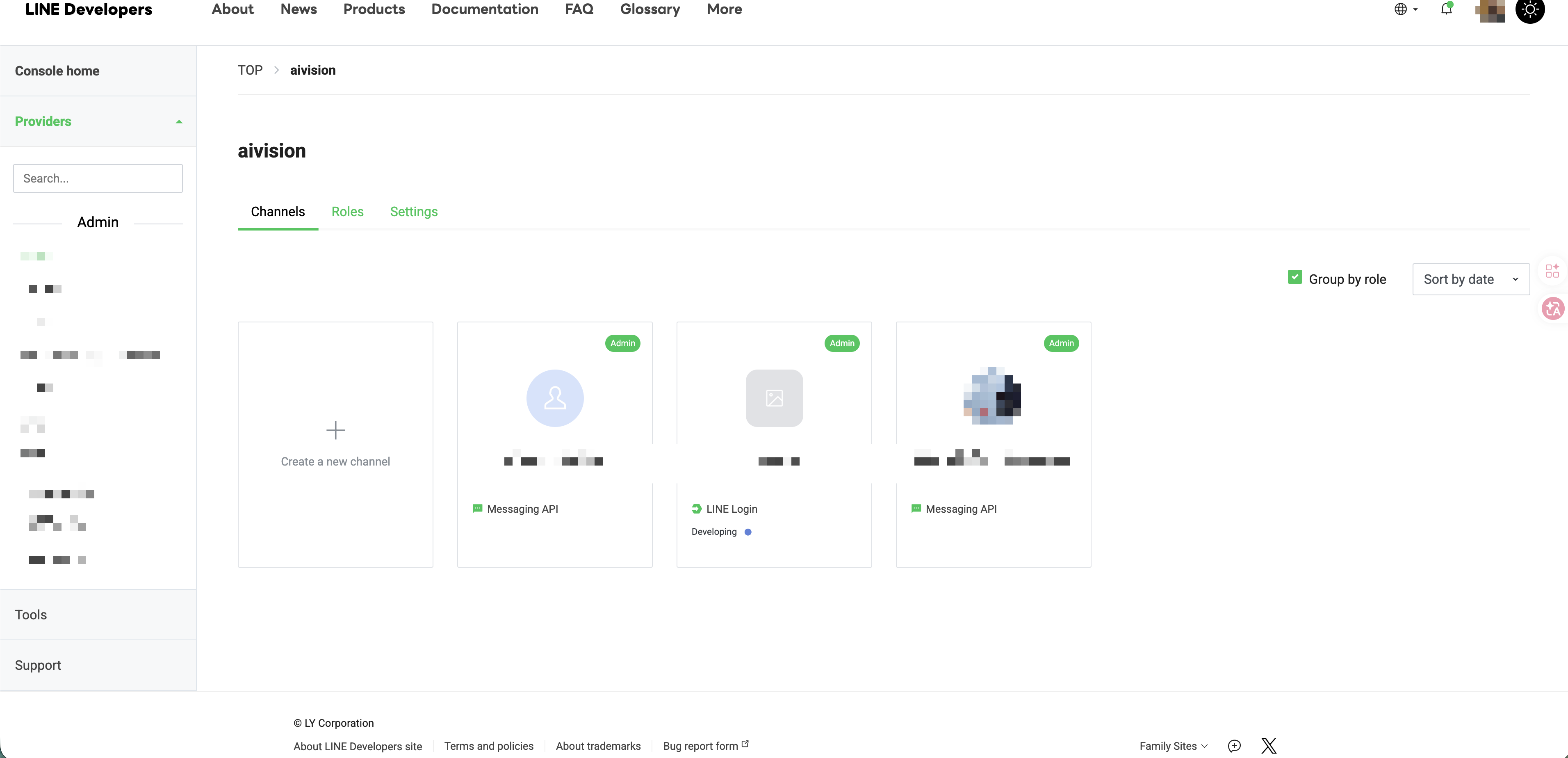 LINE Developers Provider 的 Channels 頁，左上角的 Create a new channel 卡片