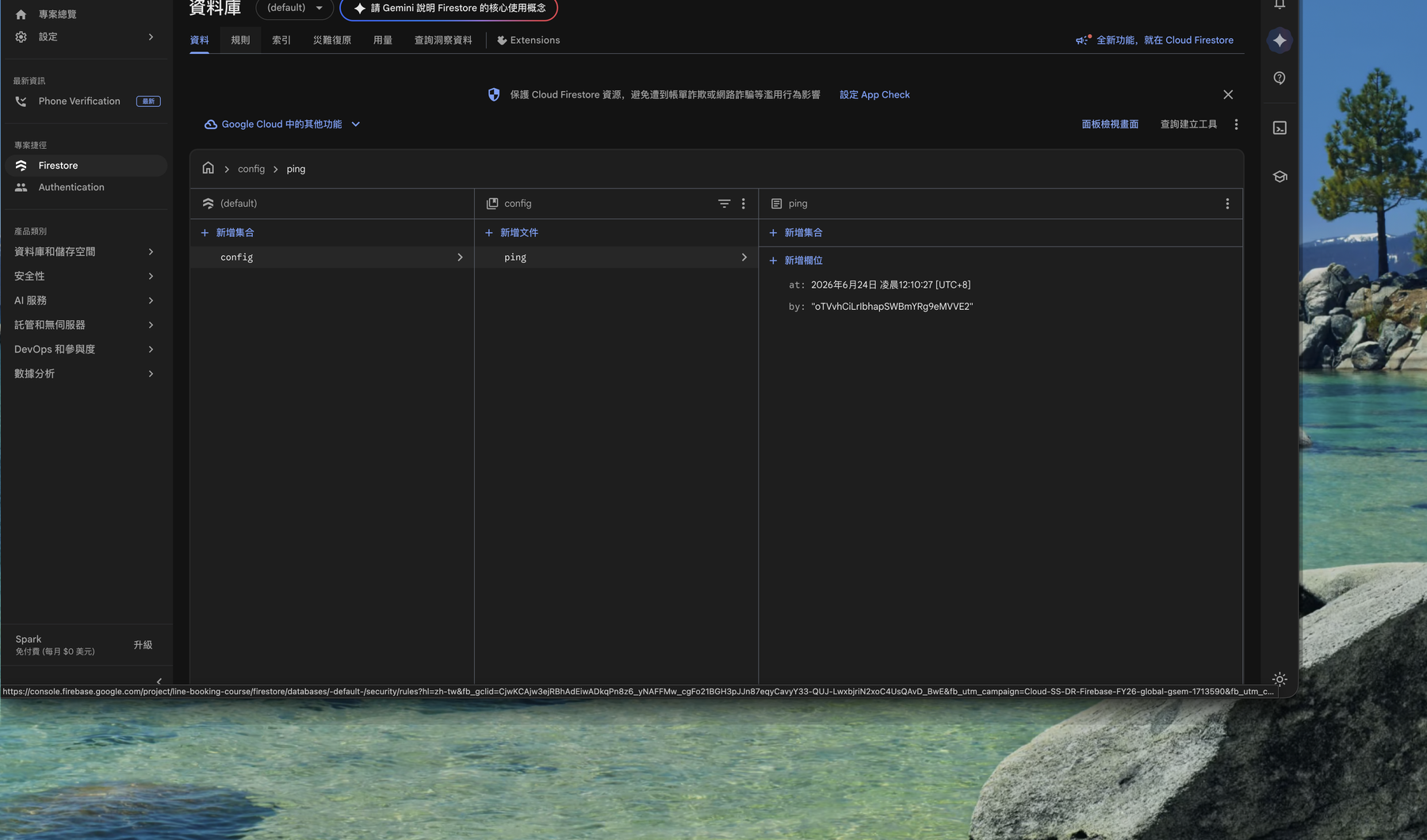 Firebase Console 的 Firestore 資料分頁，確認資料已寫入