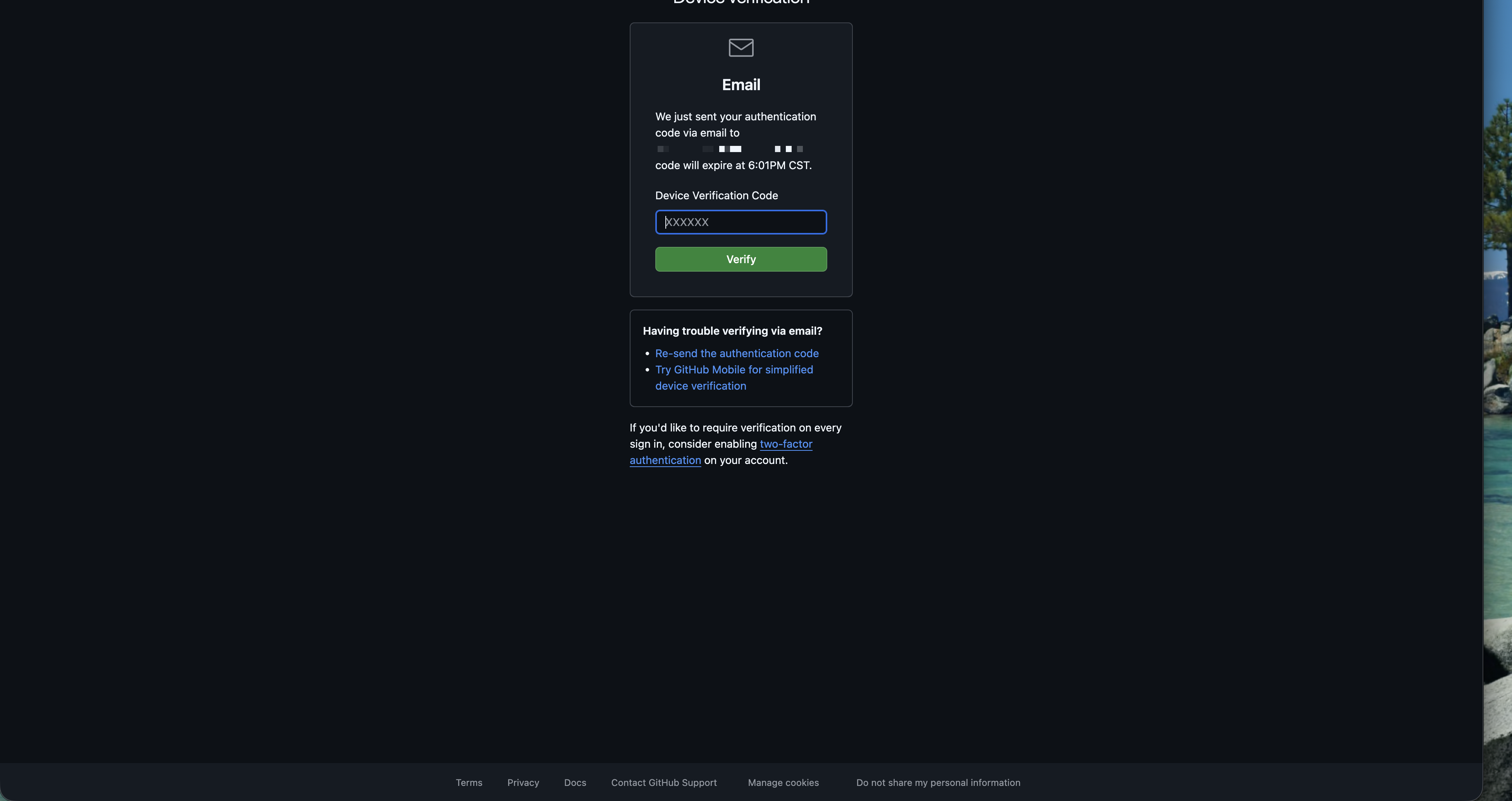 GitHub 裝置驗證頁，輸入寄到 email 的驗證碼
