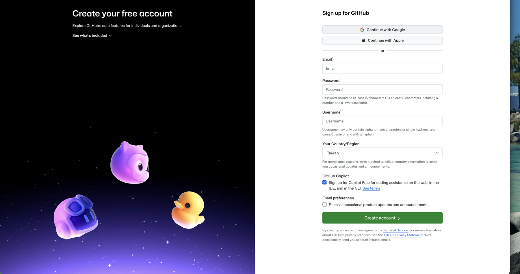 GitHub 註冊表單，含 Email、Password、Username、Country 欄位