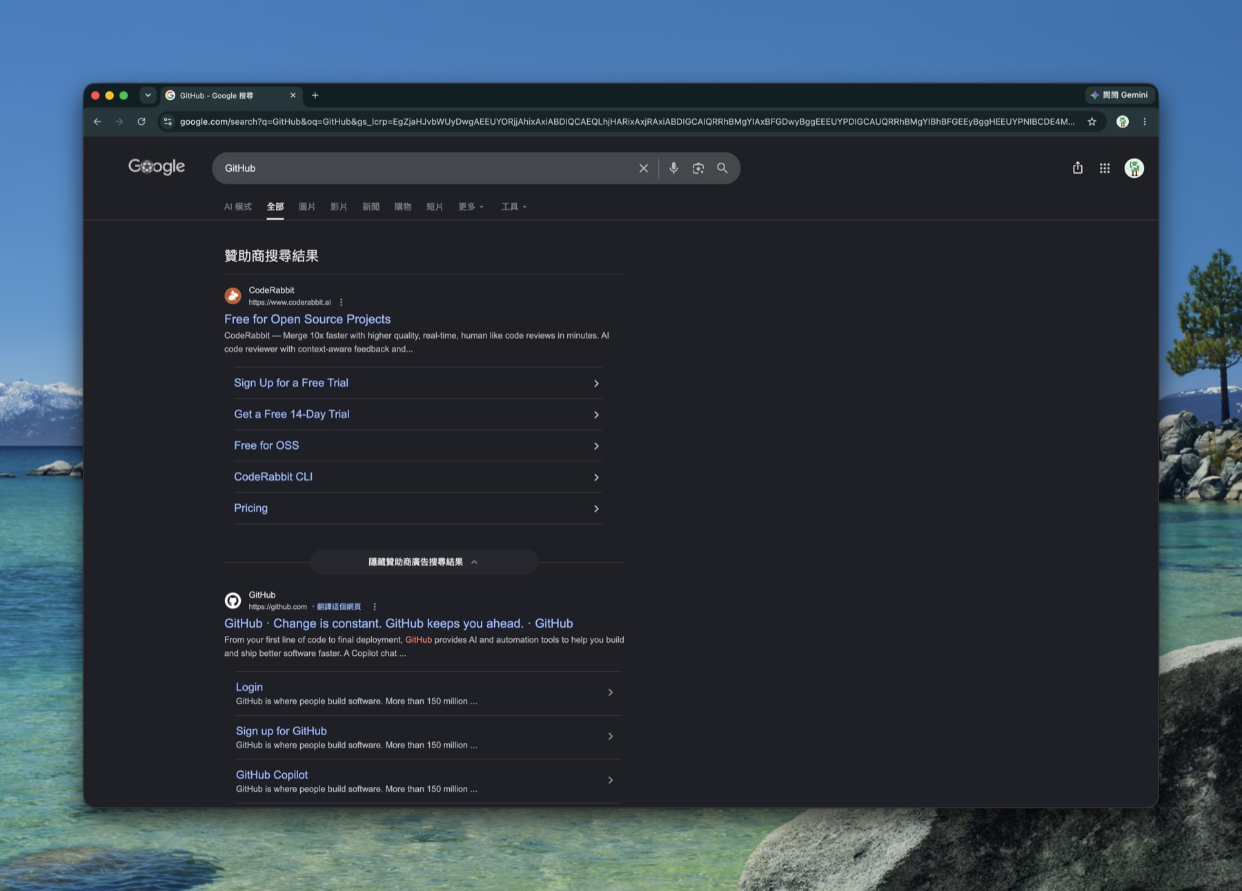 在 Google 搜尋 GitHub，認明官方 github.com 結果