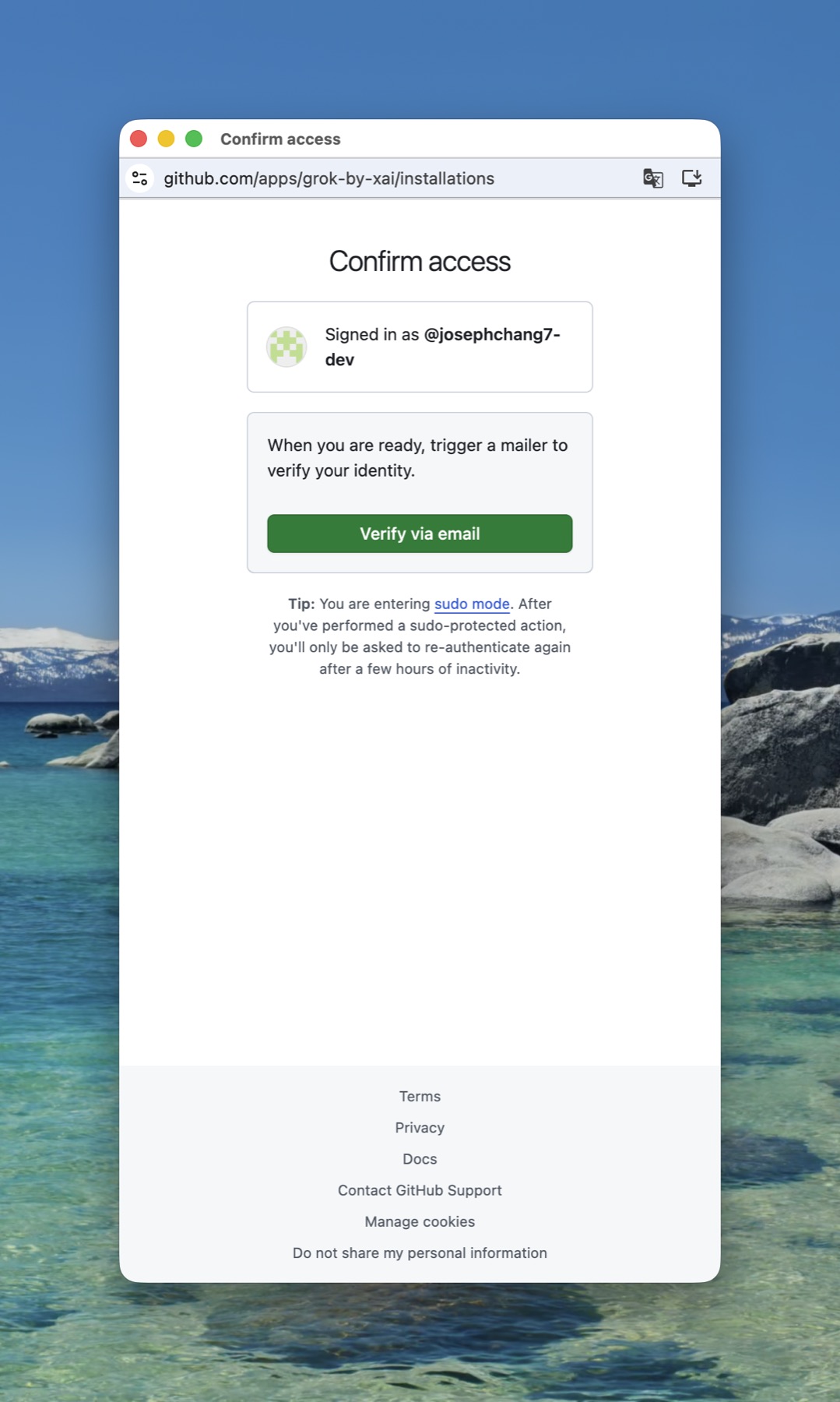 GitHub's Confirm access screen with the Verify via email button