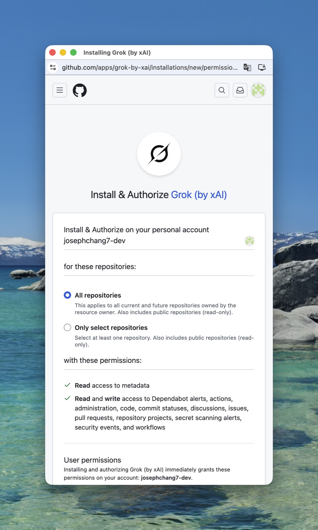GitHub's Install & Authorize Grok (by xAI) page, with the choice between all repositories and selected repositories