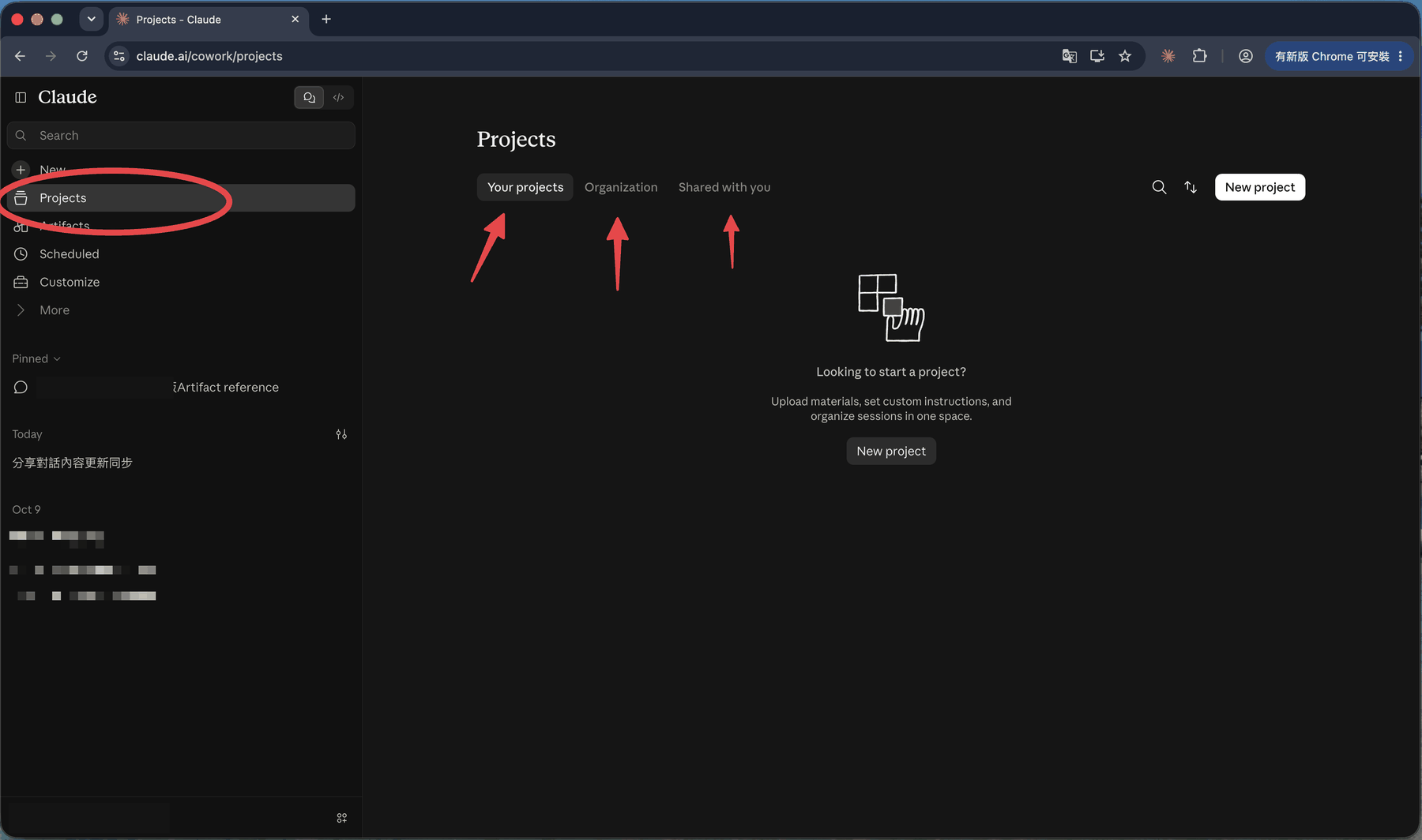 Projects 頁面:箭頭指向 Your projects、Organization、Shared with you 三個分頁