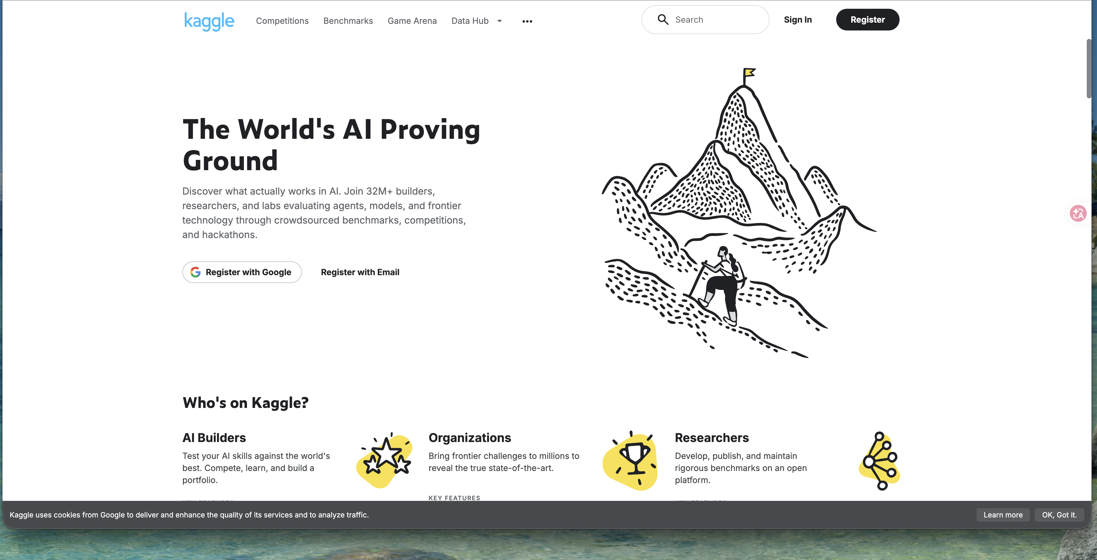 Kaggle homepage, the Register button and the central Register with Google
