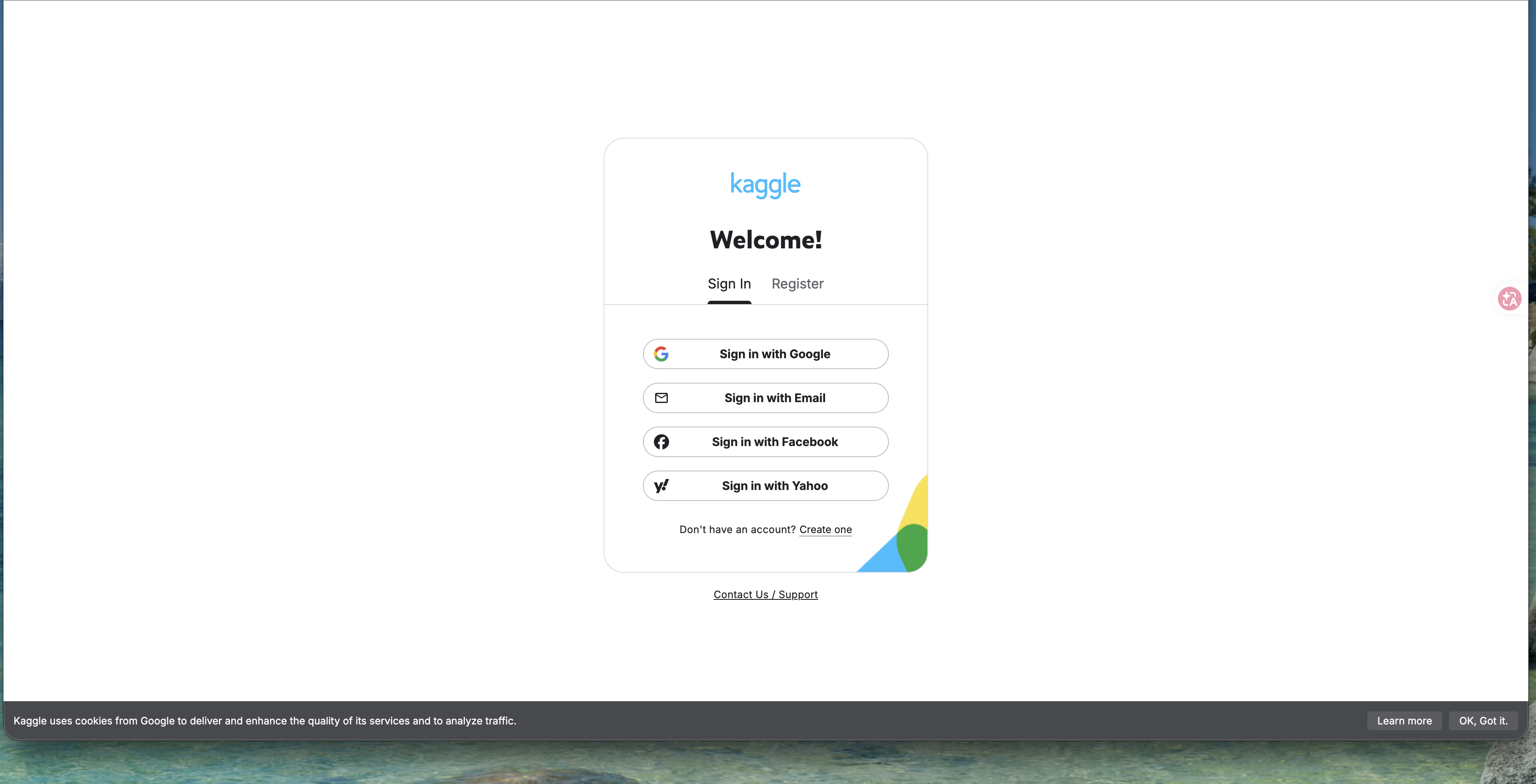Kaggle's sign-in / register card with four login methods