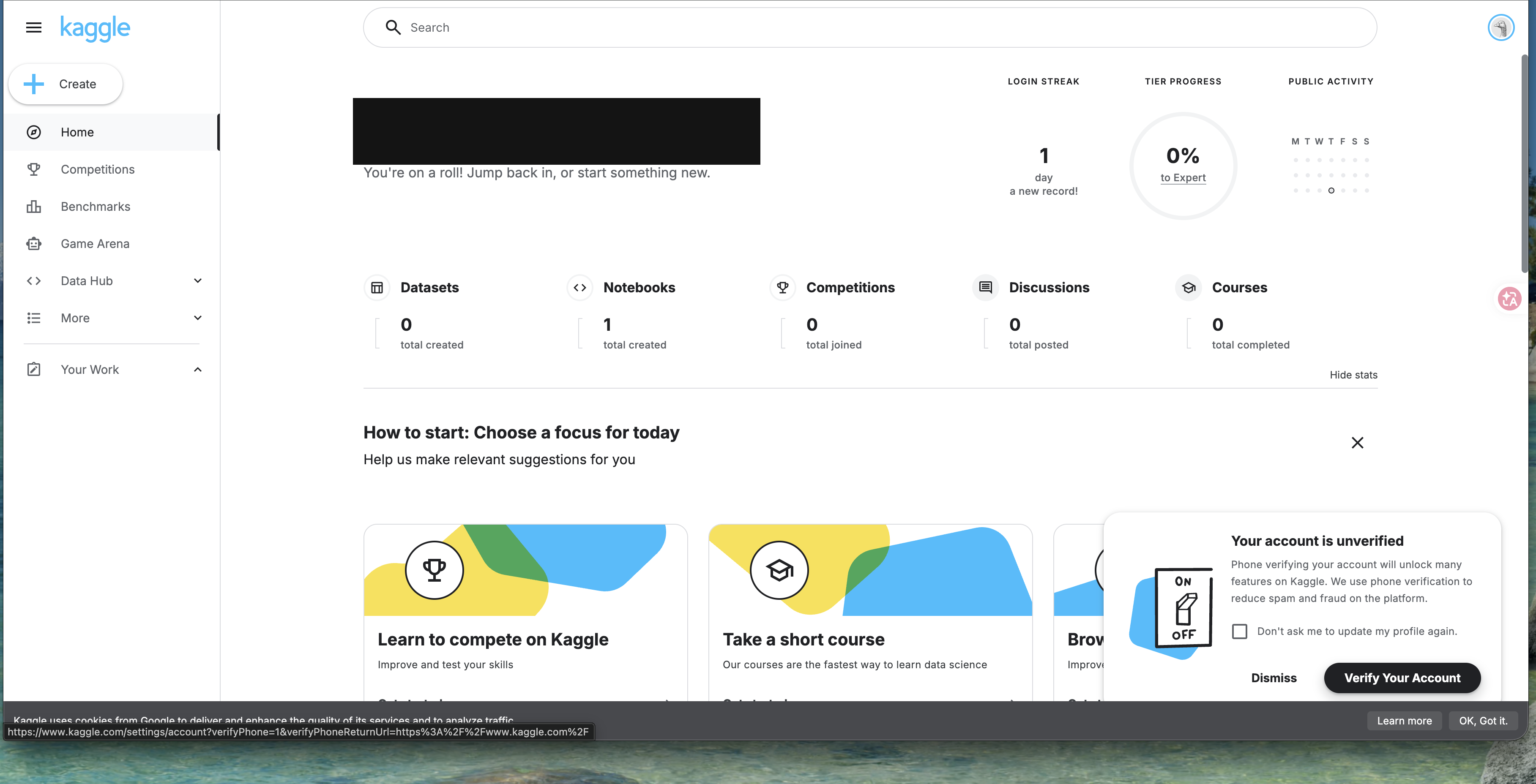 The Kaggle dashboard after login, with the welcome message and account stats