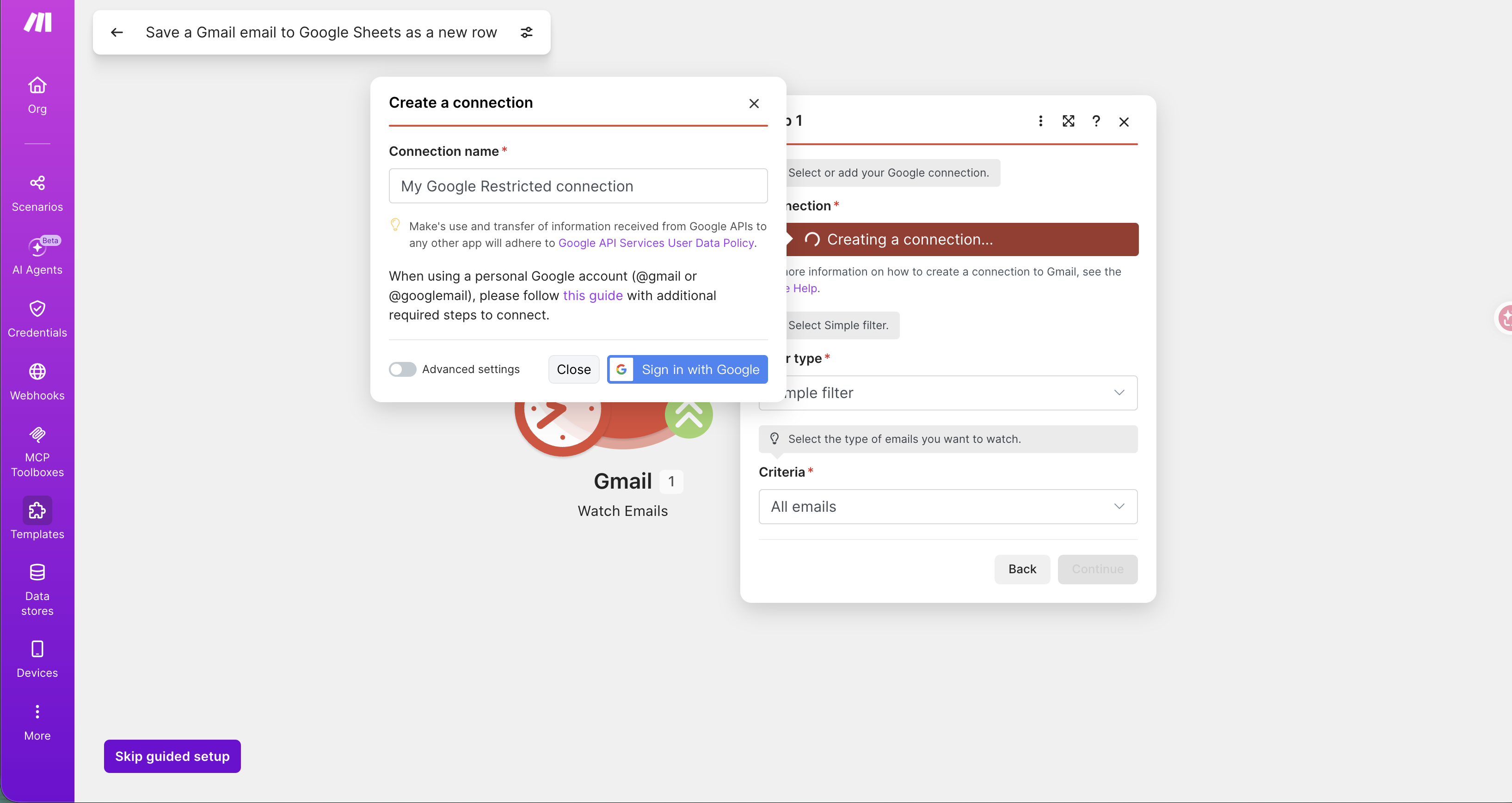 建立 Google 連線，點 Sign in with Google