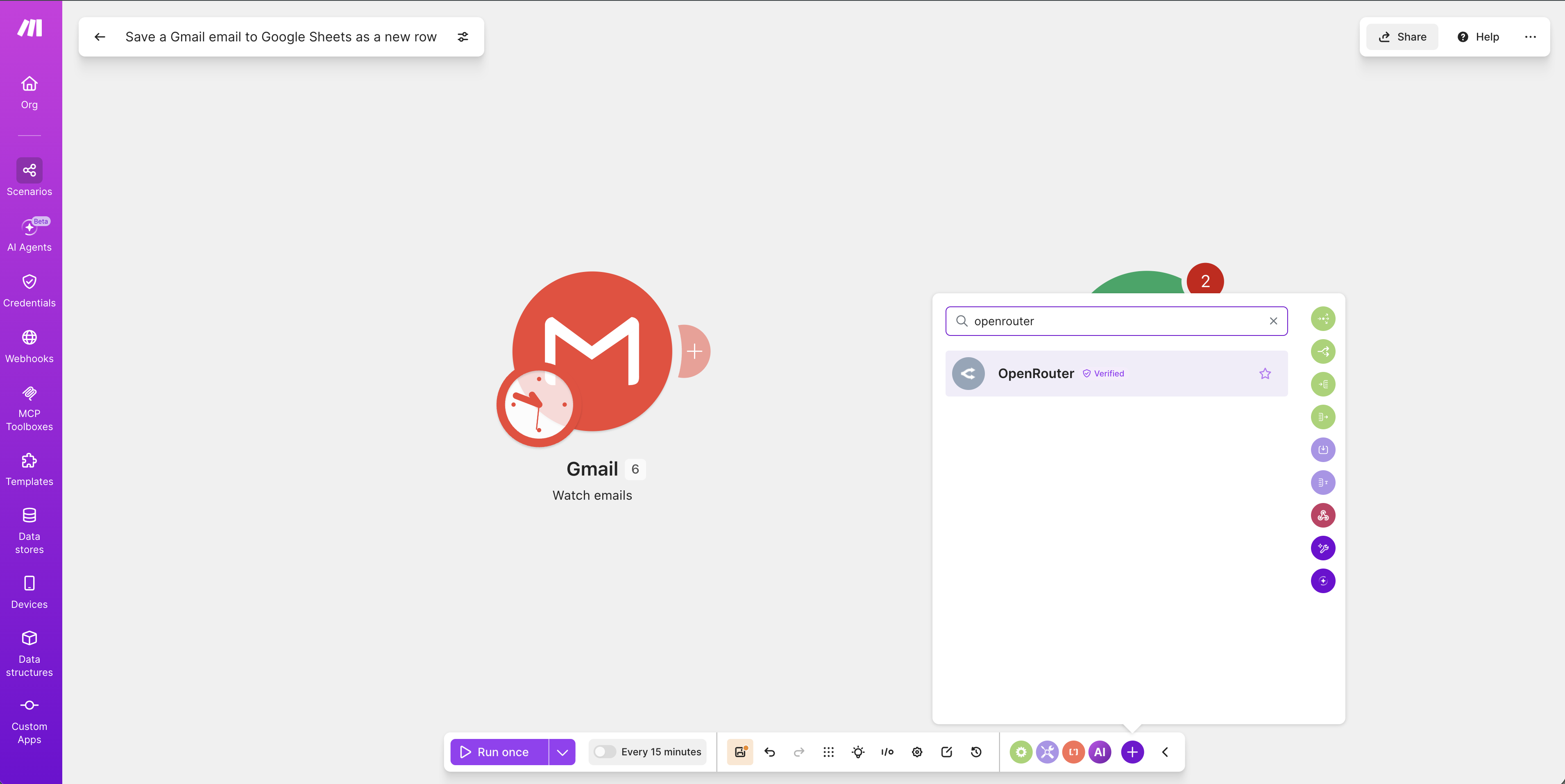 Searching and adding the OpenRouter module in Make