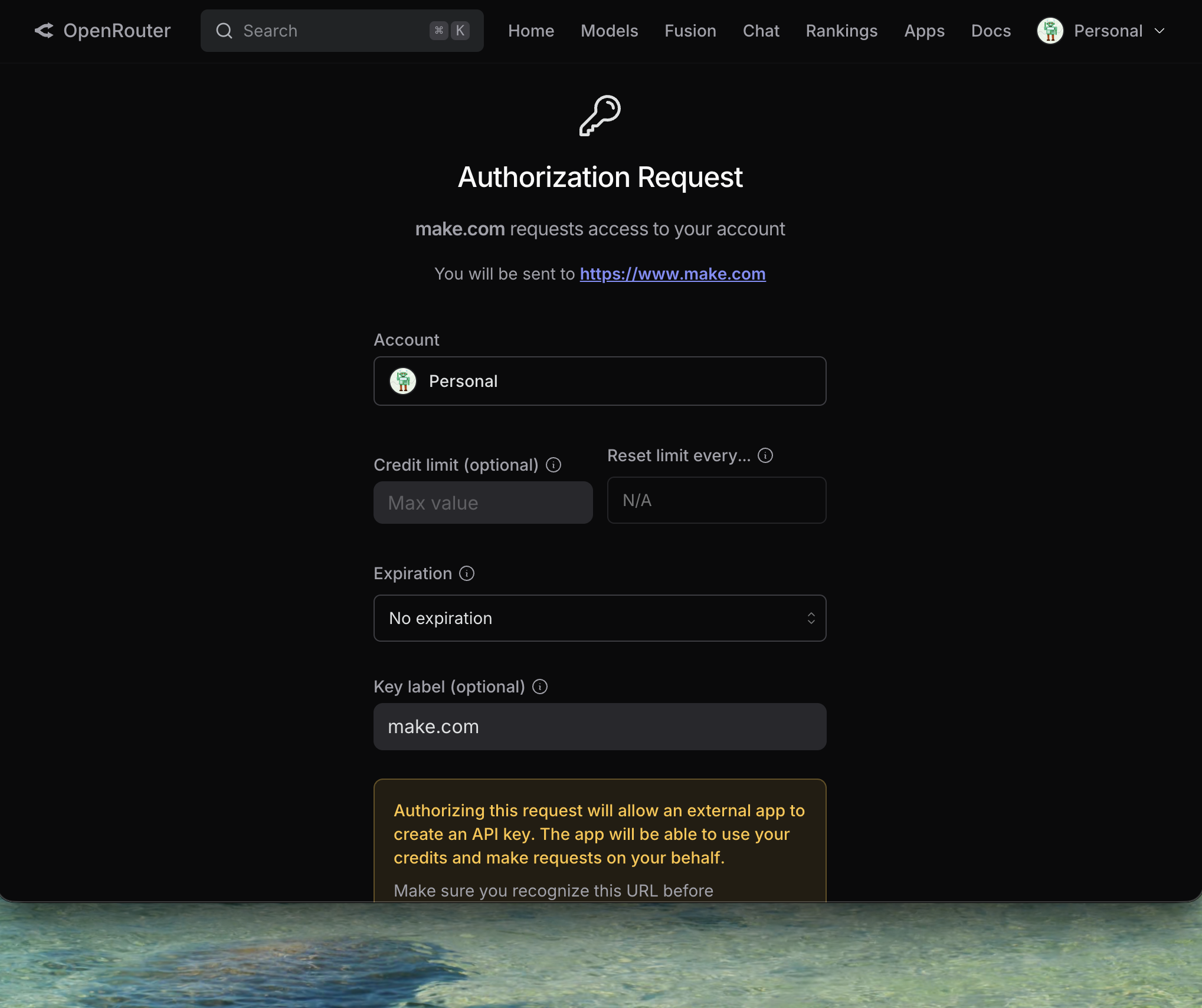 OpenRouter OAuth authorization screen