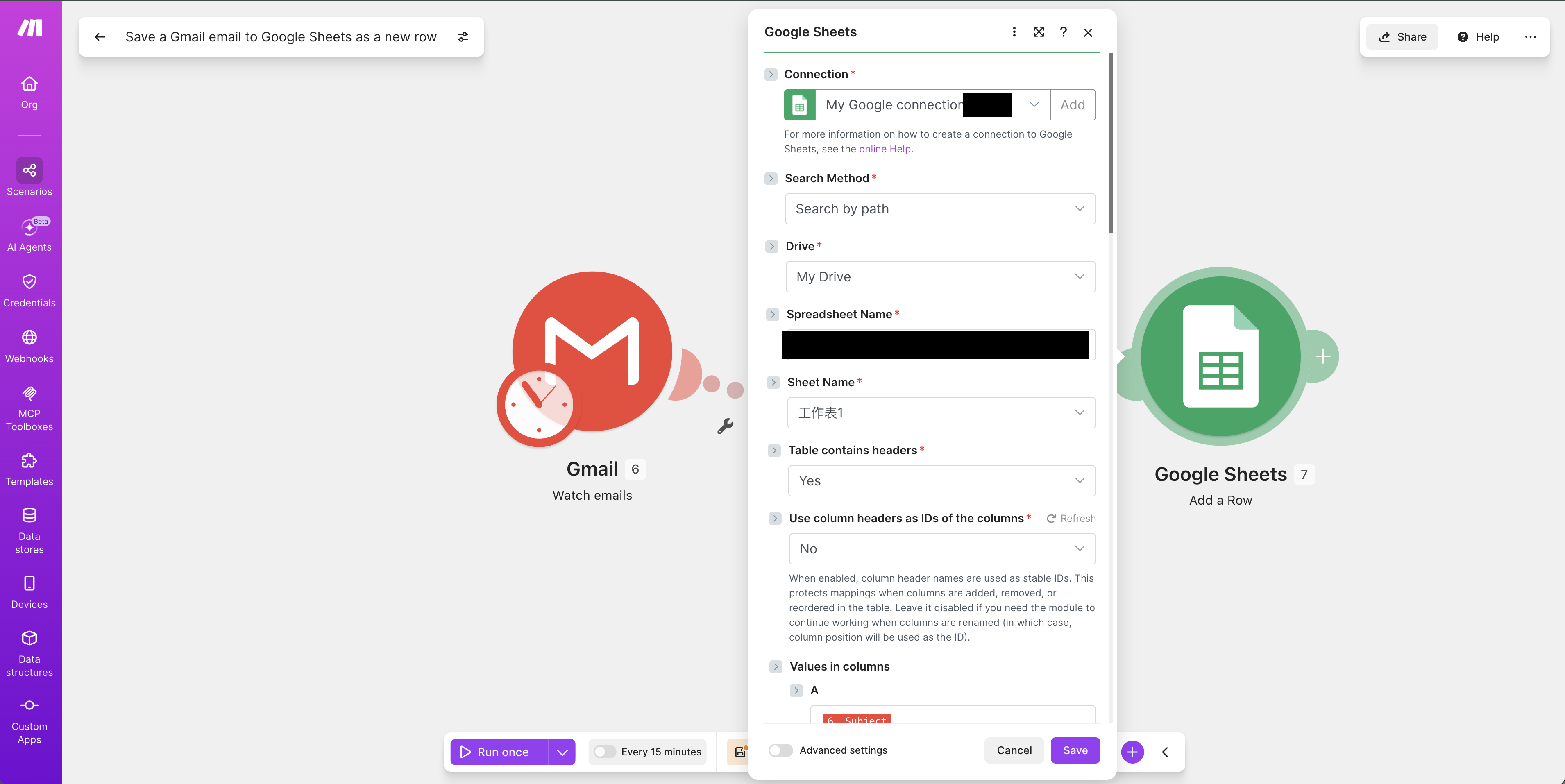 Configuring the Google Sheets write, including the Category column