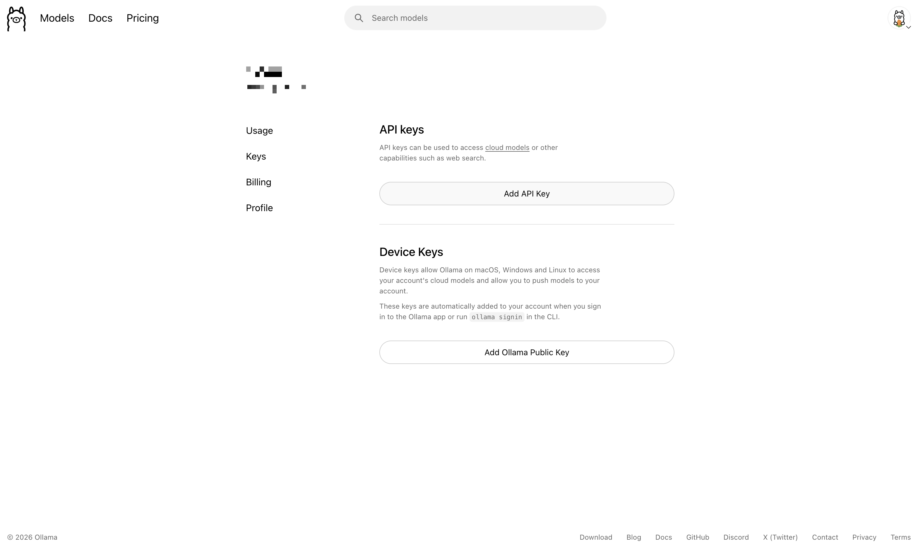 Ollama Settings → Keys tab