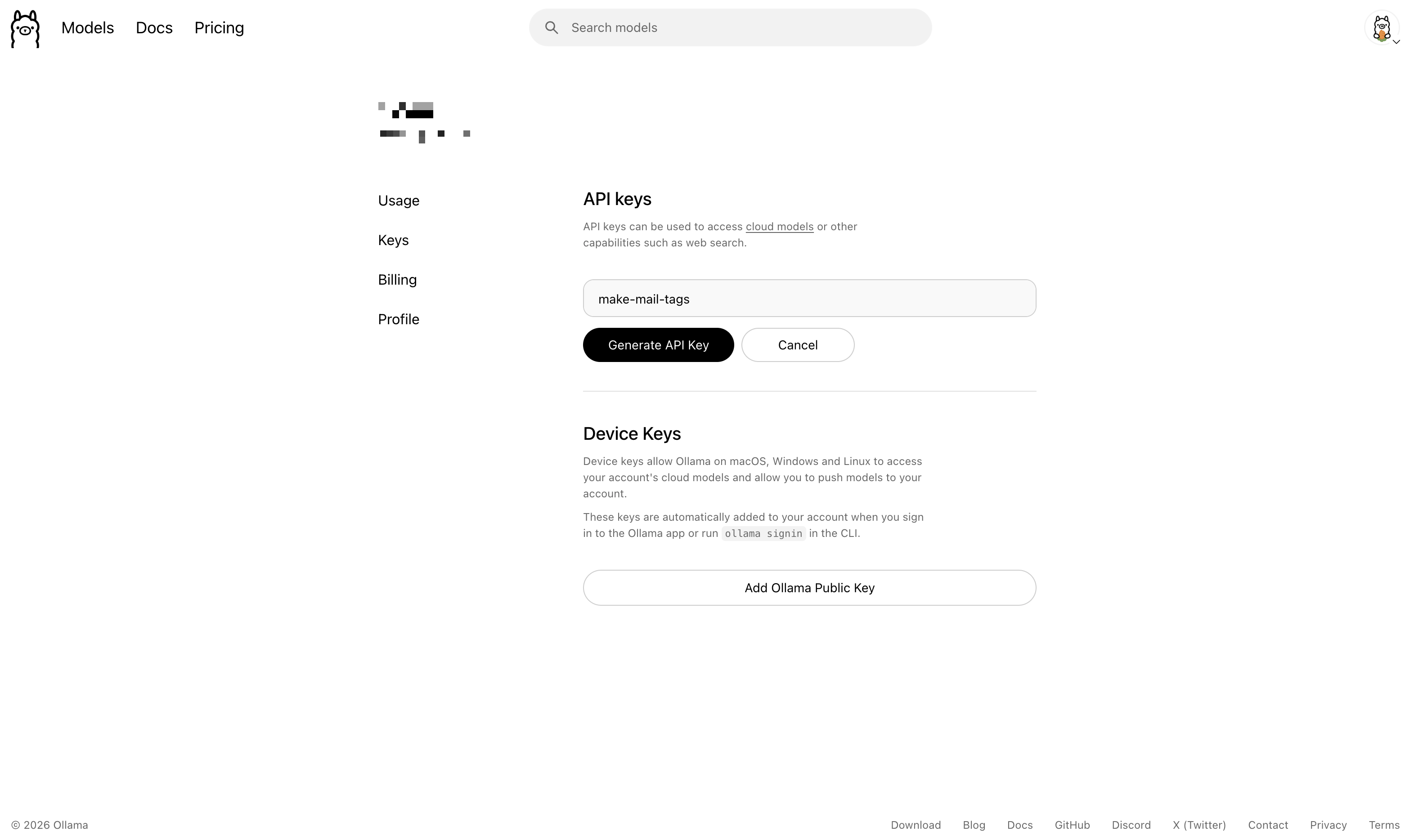 Creating an API key, entering a name