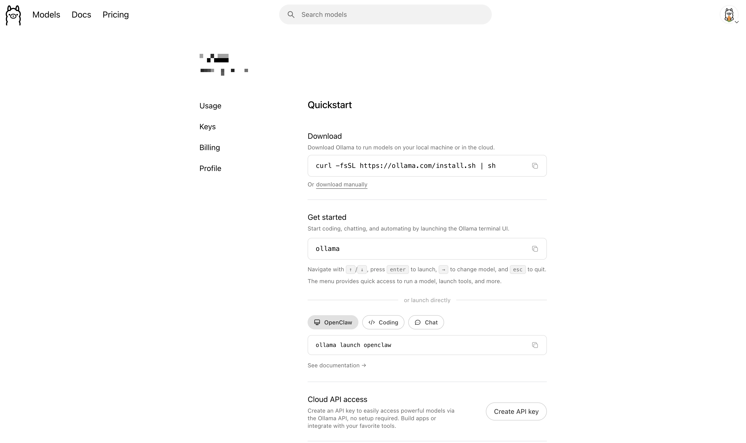 Ollama Settings / Quickstart page