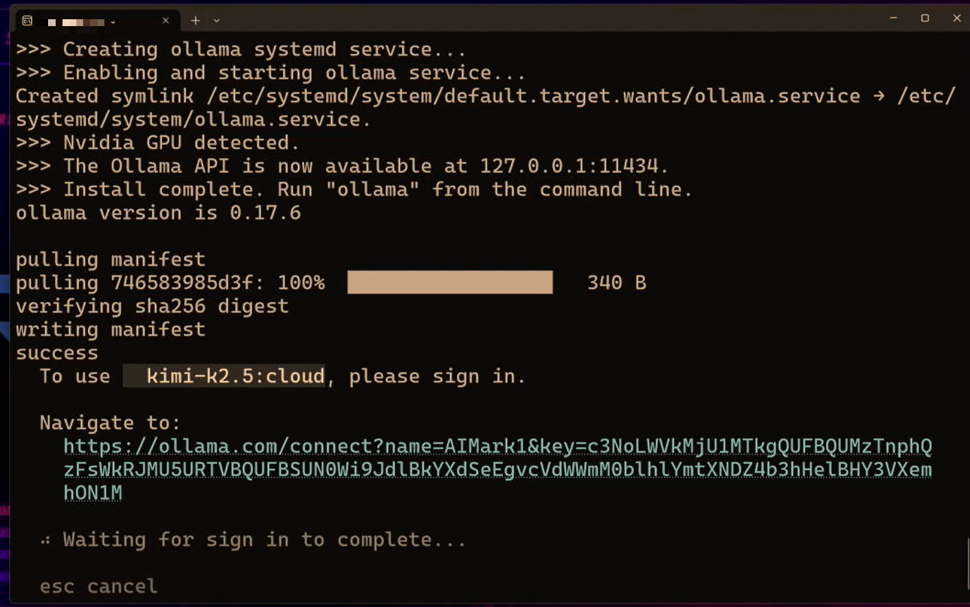 終端機顯示 Ollama 登入認證提示及連結