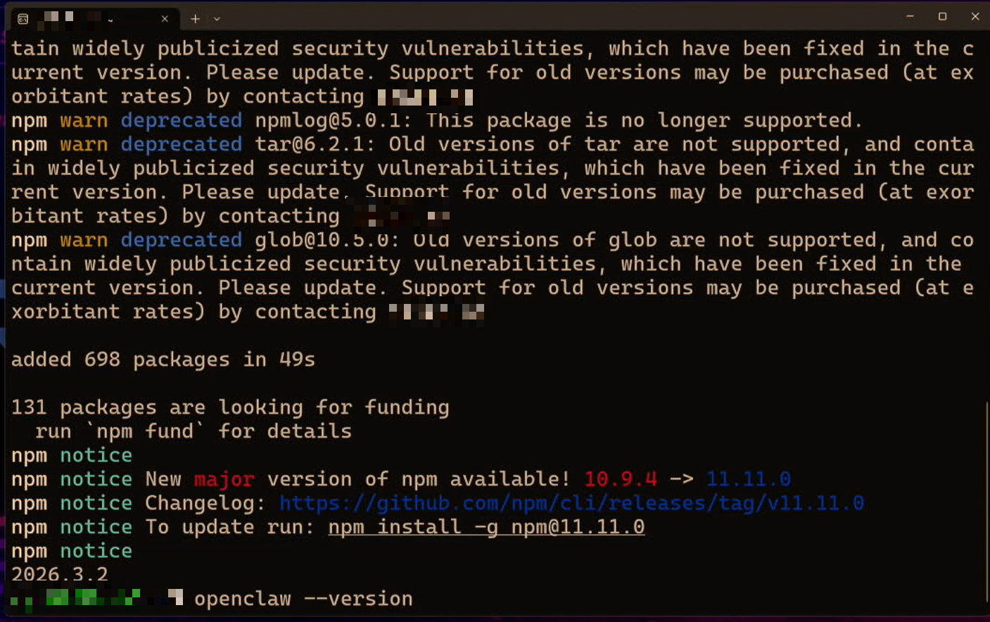 終端機顯示 openclaw 版本號