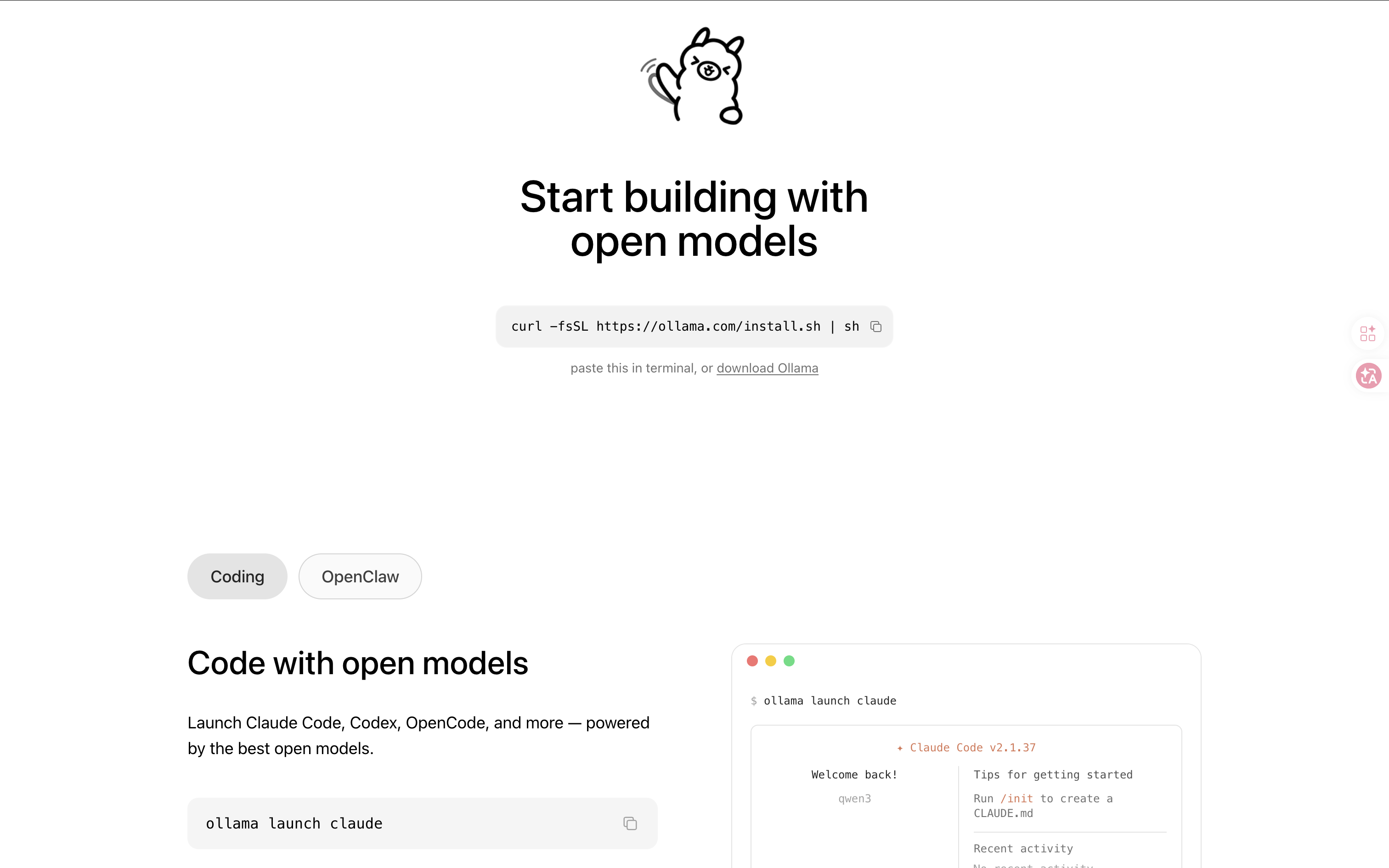 ollama launch openclaw website page