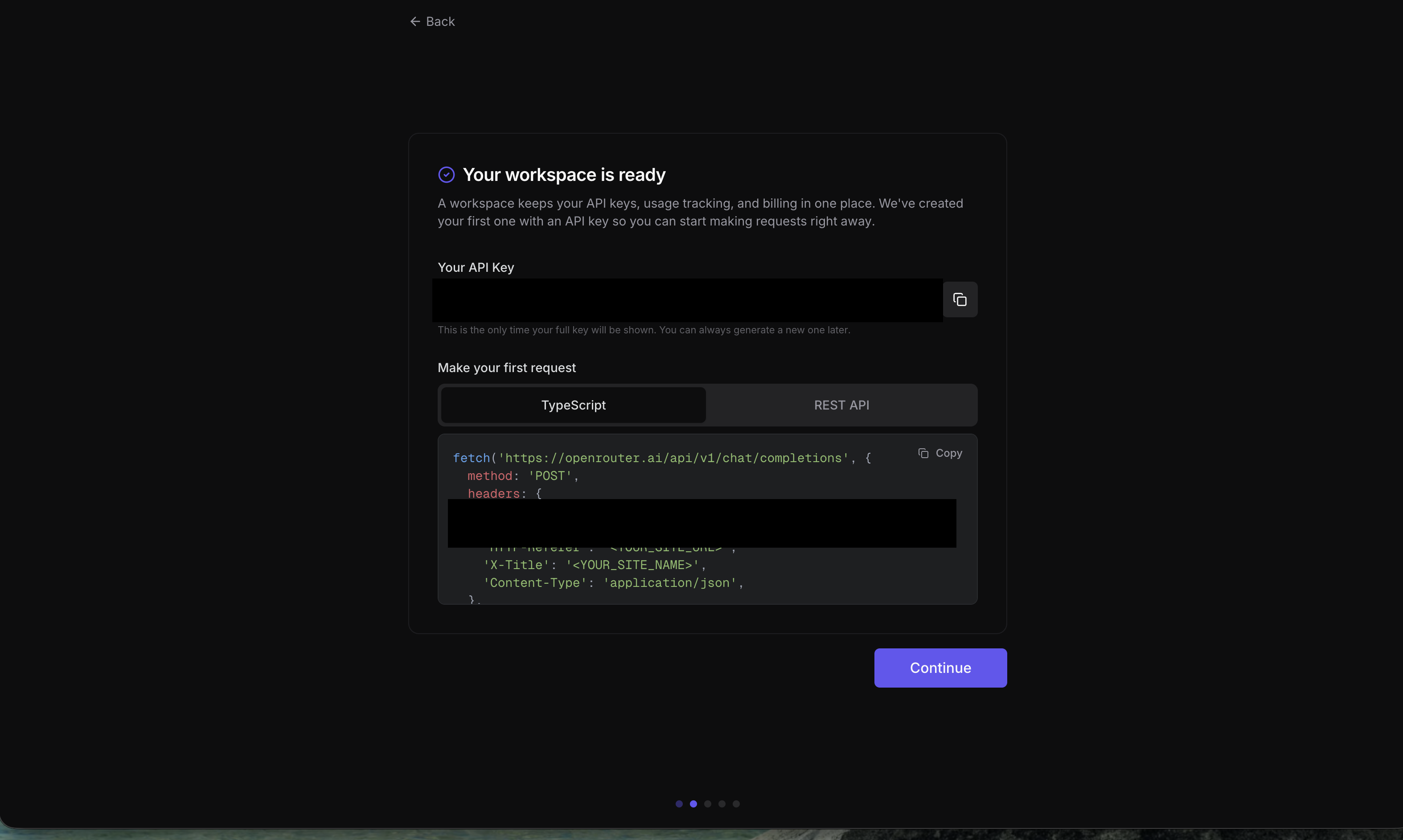 OpenRouter API key generation (full key shown only once)