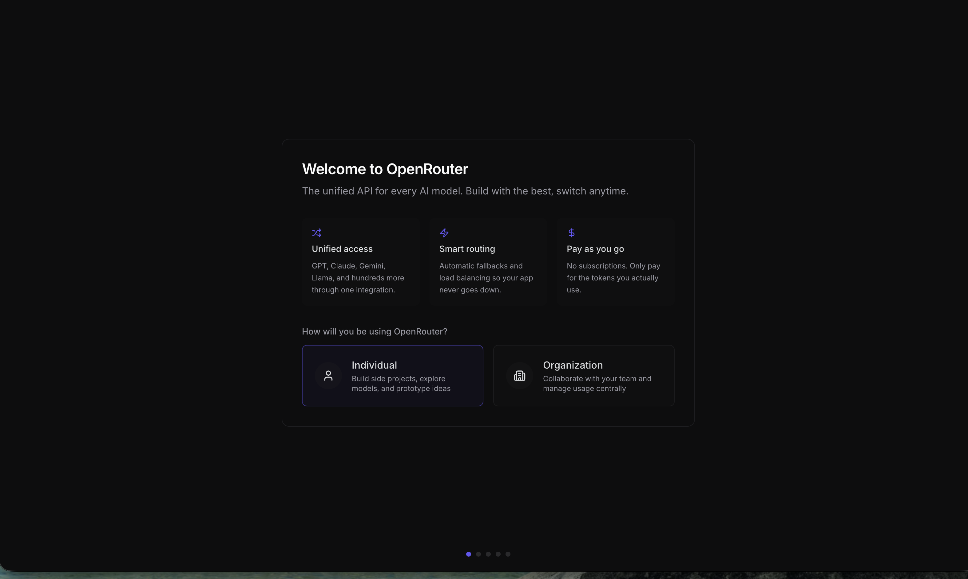 OpenRouter onboarding: choose Individual or Organization