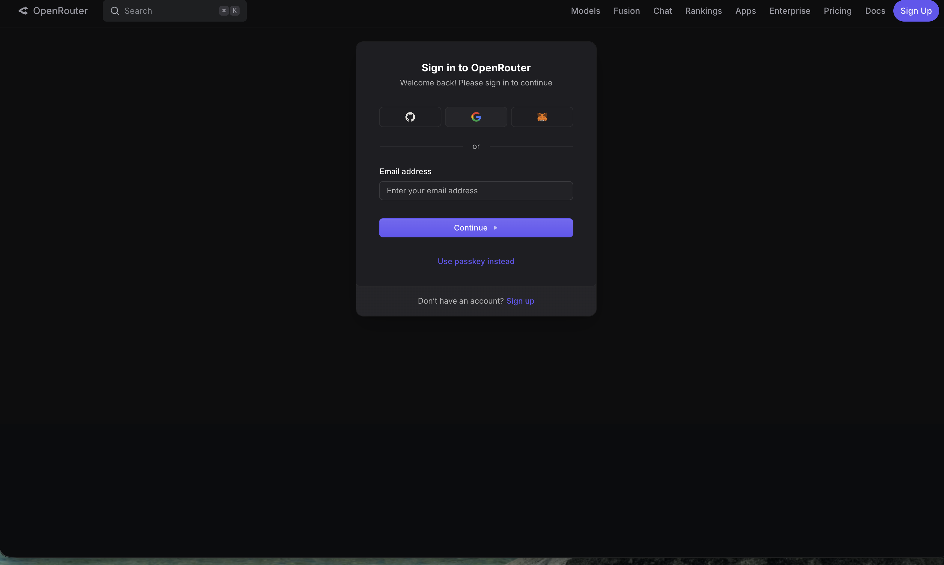 OpenRouter sign-in card with several login methods