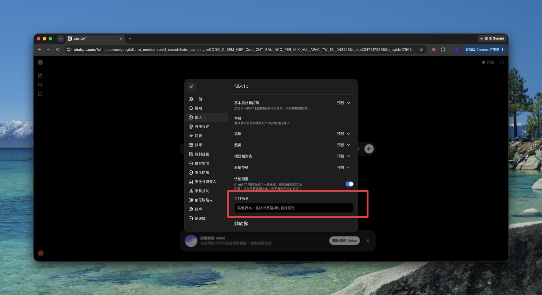 The custom instructions field in ChatGPT's personalization panel