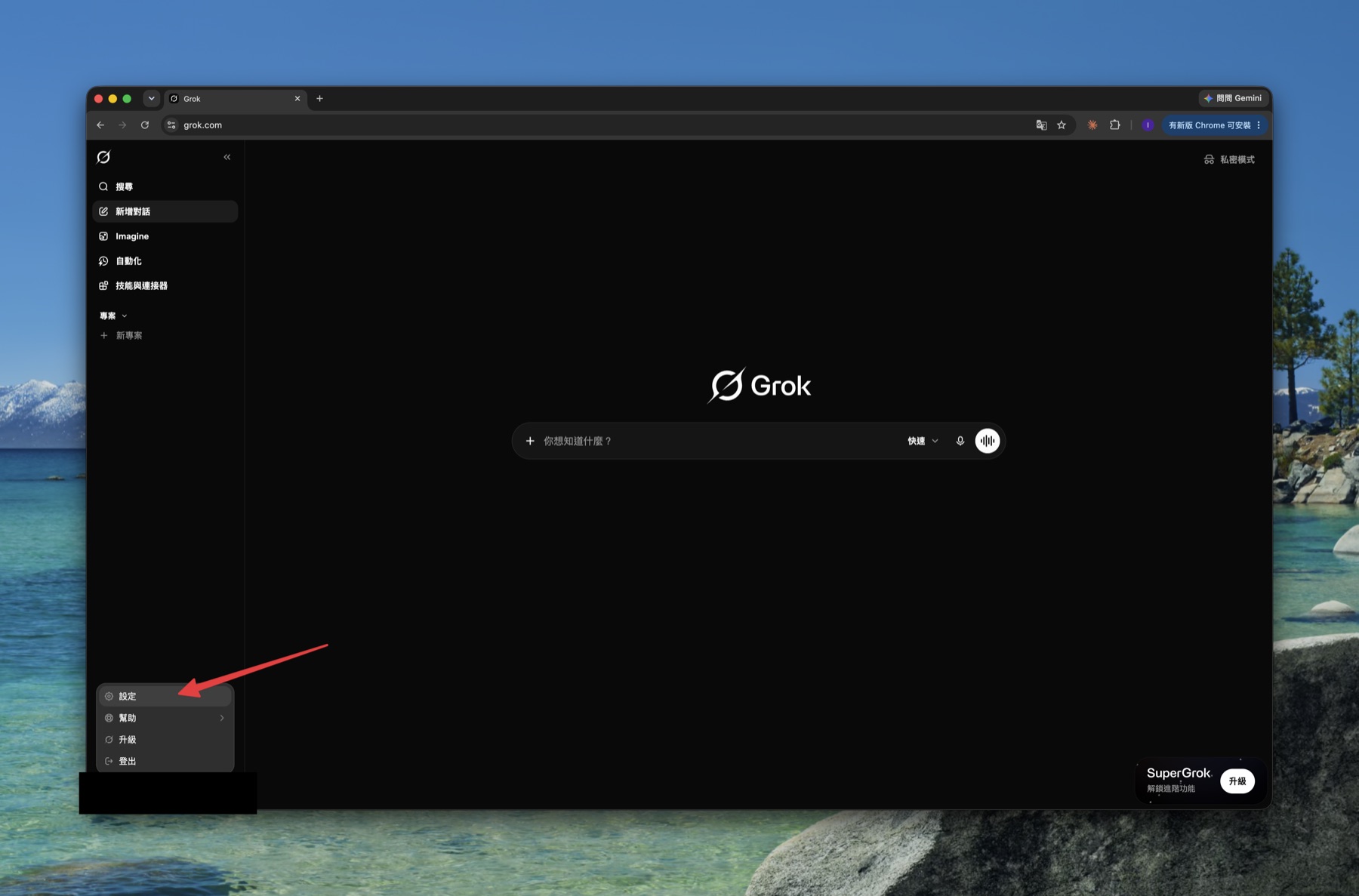 The Settings option in Grok's bottom-left menu